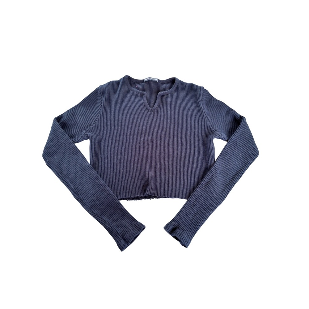 Brandy Melville Navy Blue Ribbed Cropped Sweater One Size Y2K Preppy 100% Cotton